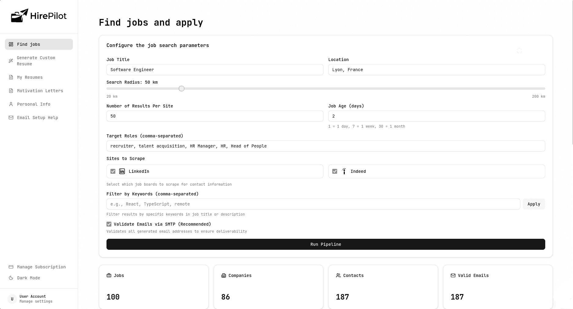 CareerCruiser AI resume builder dashboard showing job search automation, tailored resumes, and application tracking